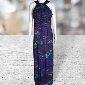 Sangria Multicolor Print Gown Purple‎ Halter Neck